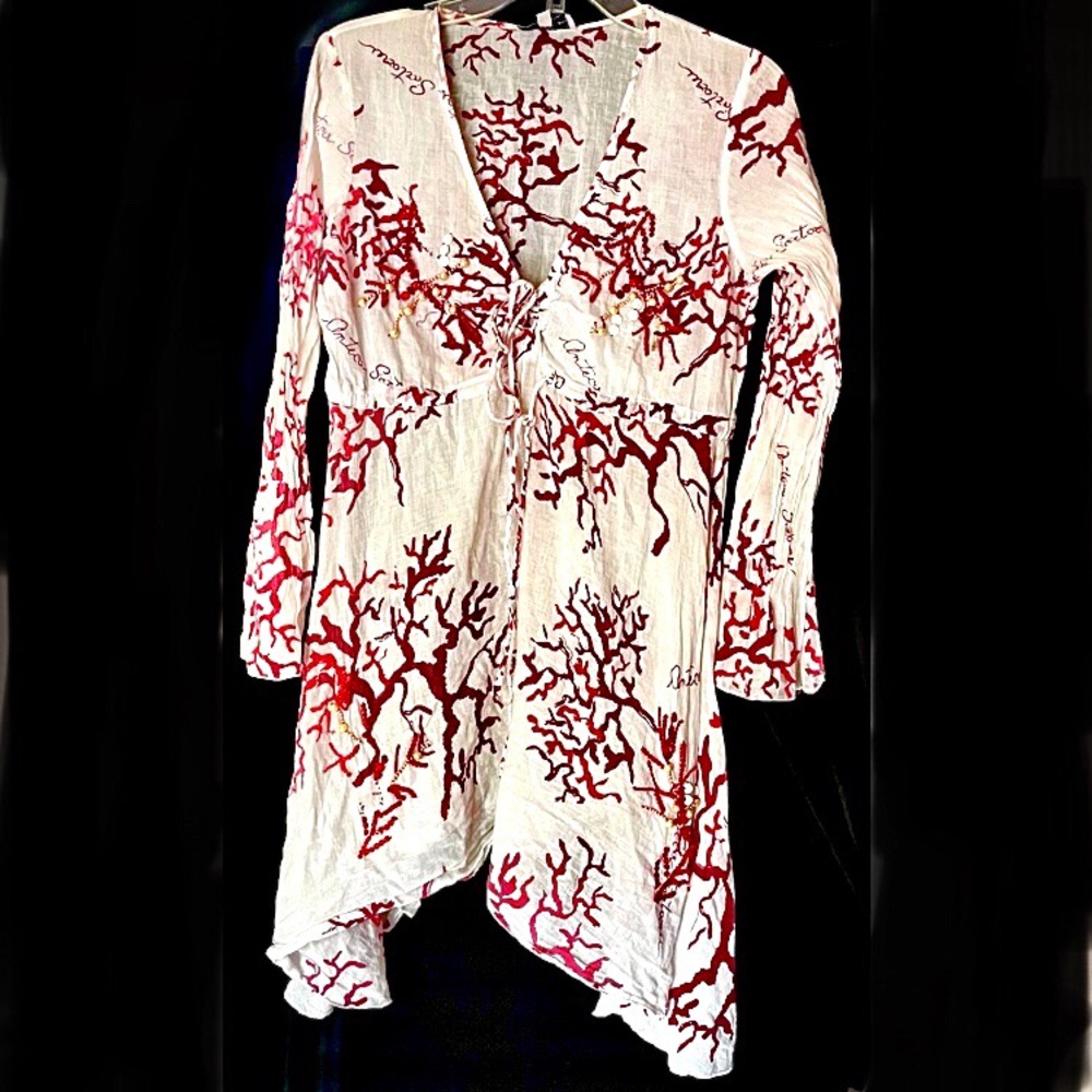 Antica Sartoria Coral Print Embellished Beaded Mini Dress Cover-Up